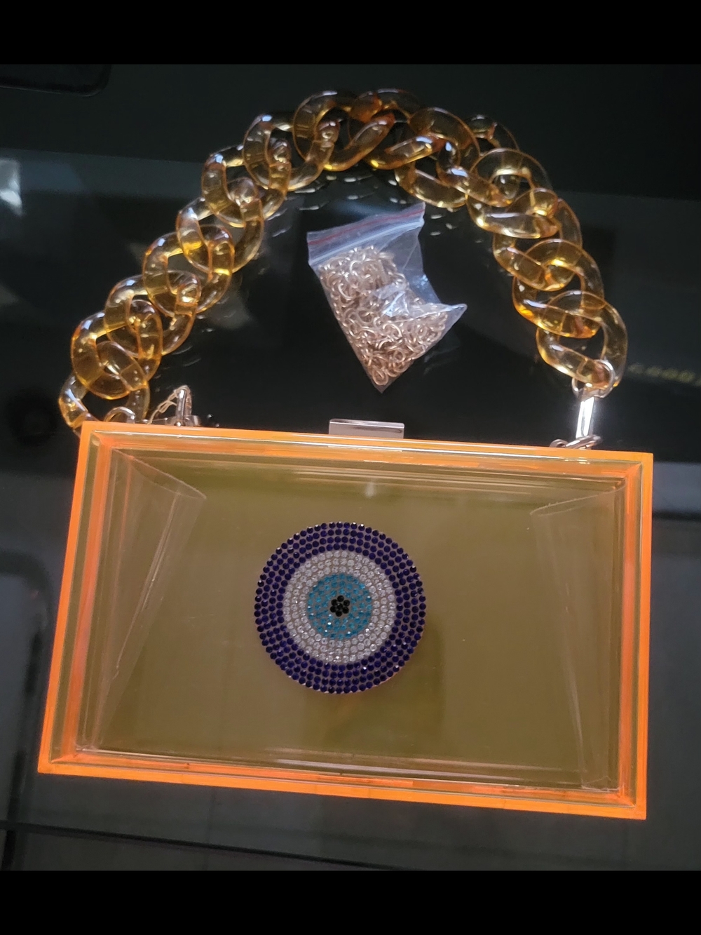 Clear Orange Neon ACRYLIC Resin Trim Evil Eye Box Clutch with Amber Chain